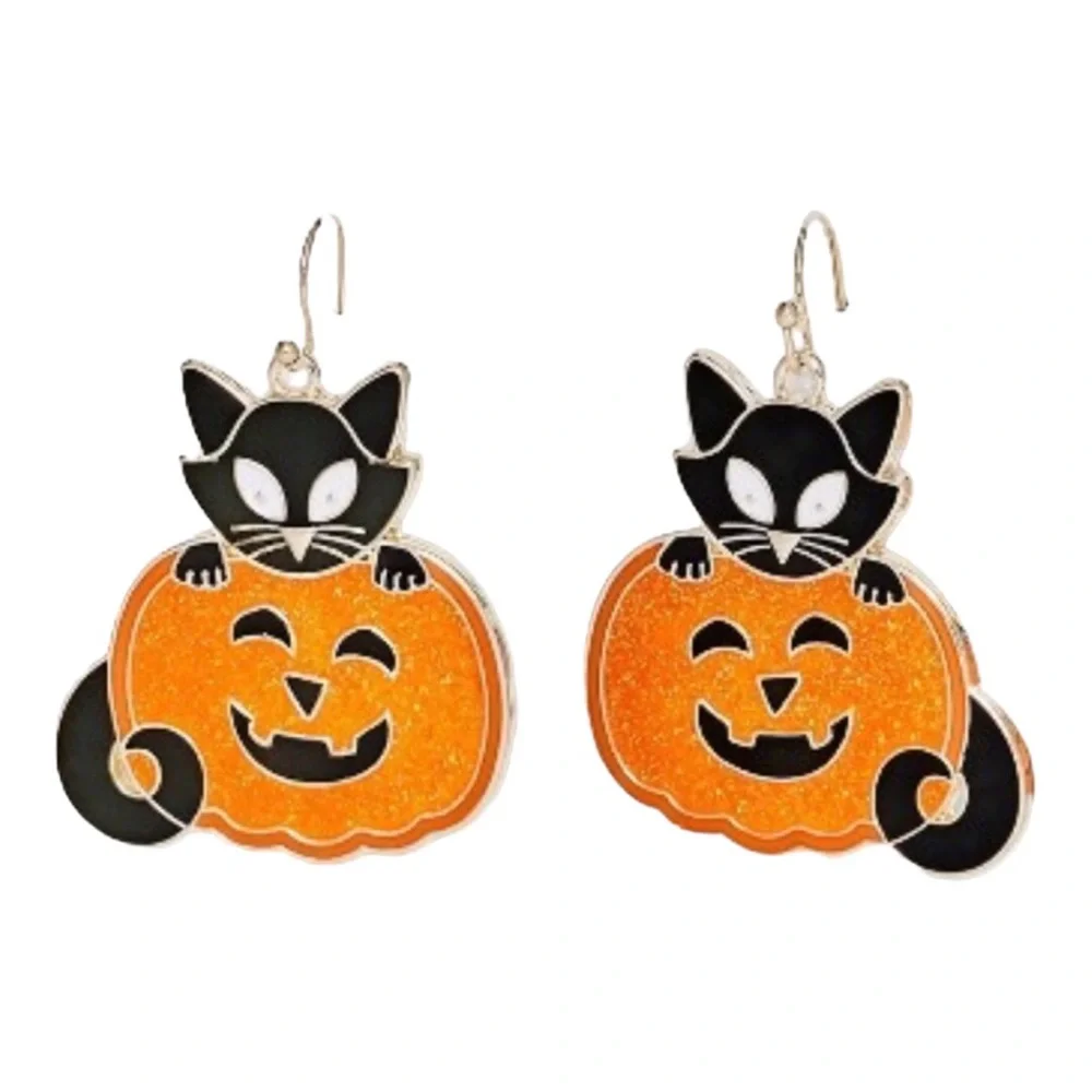 Spooky Glow in the Dark Pumpkin and Cat Nickel Free Fishhook Earrings